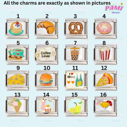 Pami Charms food italian charms set featuring enamel miniatures of pancakes croissant pretzel donut and other treats