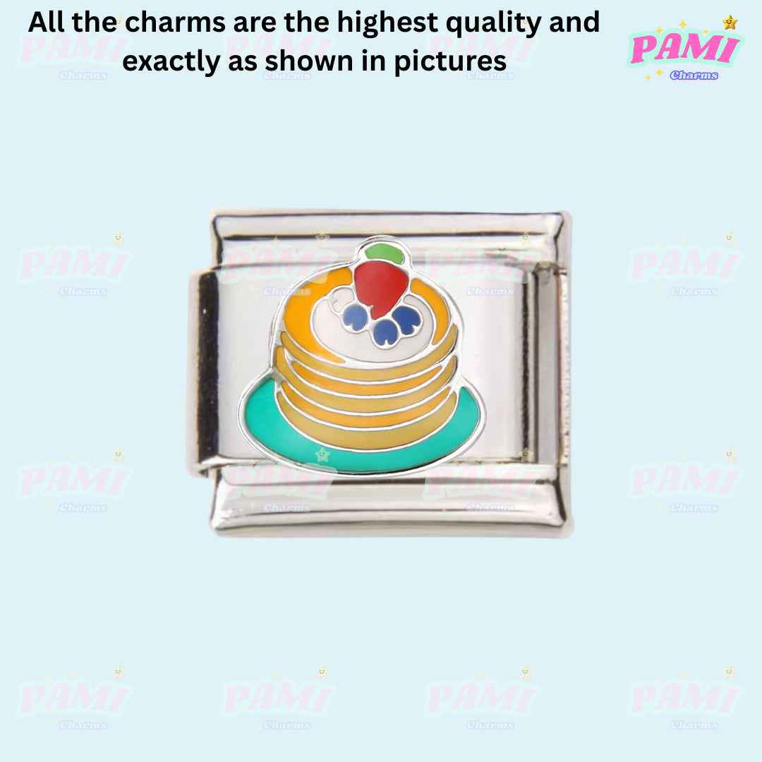 Pami Charms food italian charms featuring a stack of pancakes with fruit toppings on a silver charm