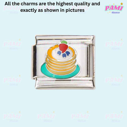Pami Charms food italian charms featuring a stack of pancakes with fruit toppings on a silver charm