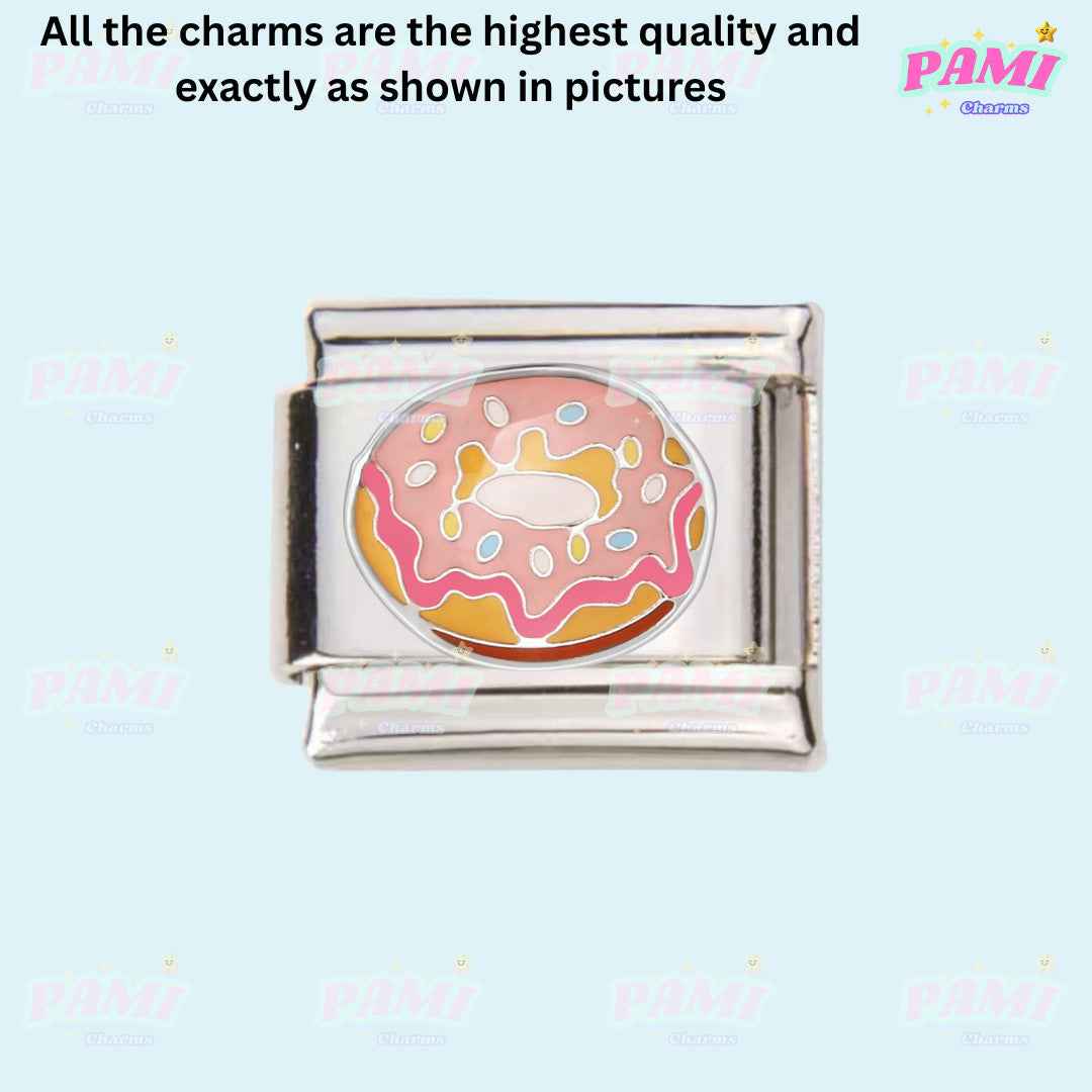 Pami Charms food italian charms featuring a silver link with a pink frosted donut design