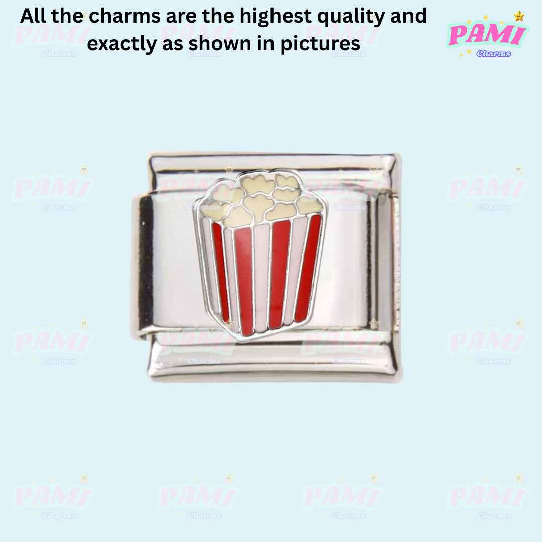 Pami Charms food italian charms silver charm with red and white striped popcorn bucket design