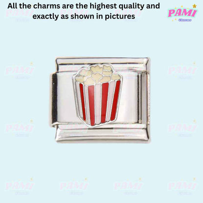 Pami Charms food italian charms silver charm with red and white striped popcorn bucket design