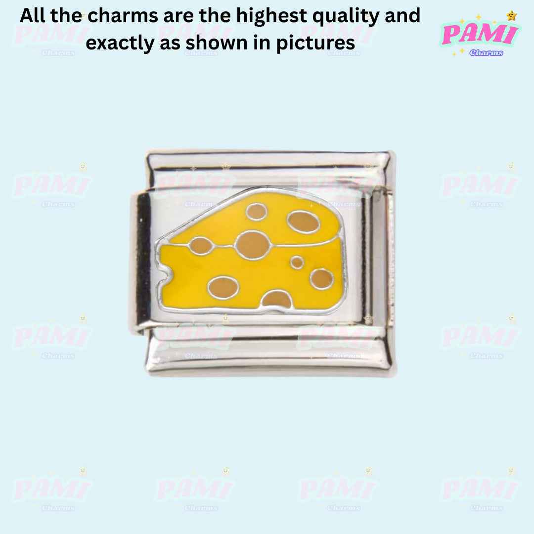Pami Charms yellow cheese charm representing food italian charms with silver frame