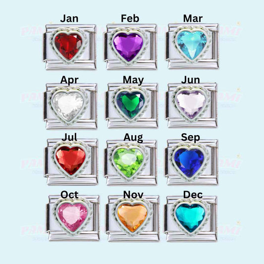 Pami Charms gem birth stone italian charms with heart-shaped stones representing each month