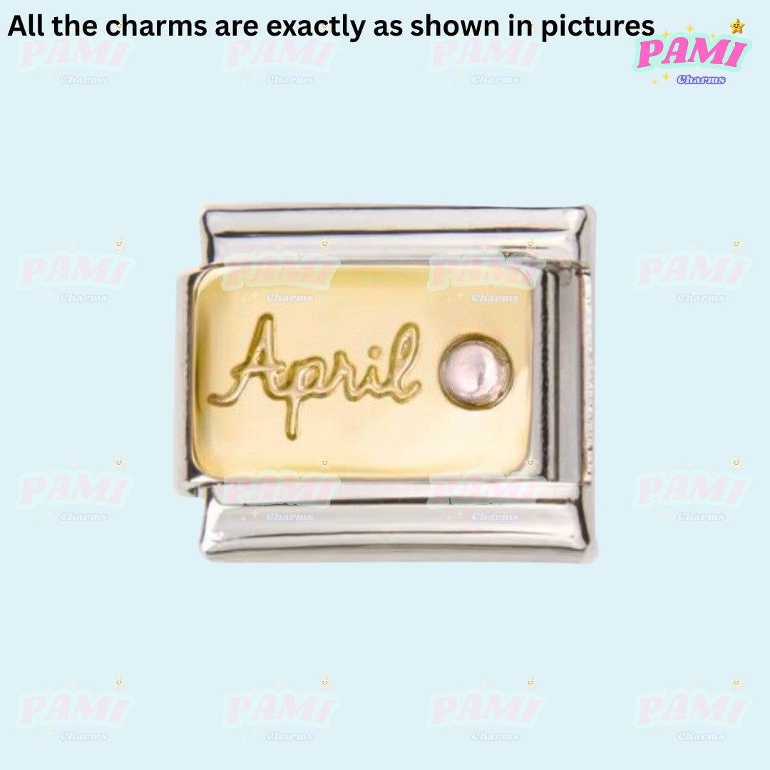 Gold birthstone Italian charms April with clear stone on silver and gold rectangular base