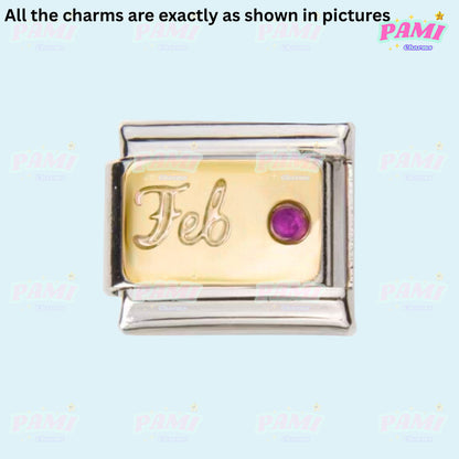 Gold February birthstone Italian charm with silver frame by Pami Charms