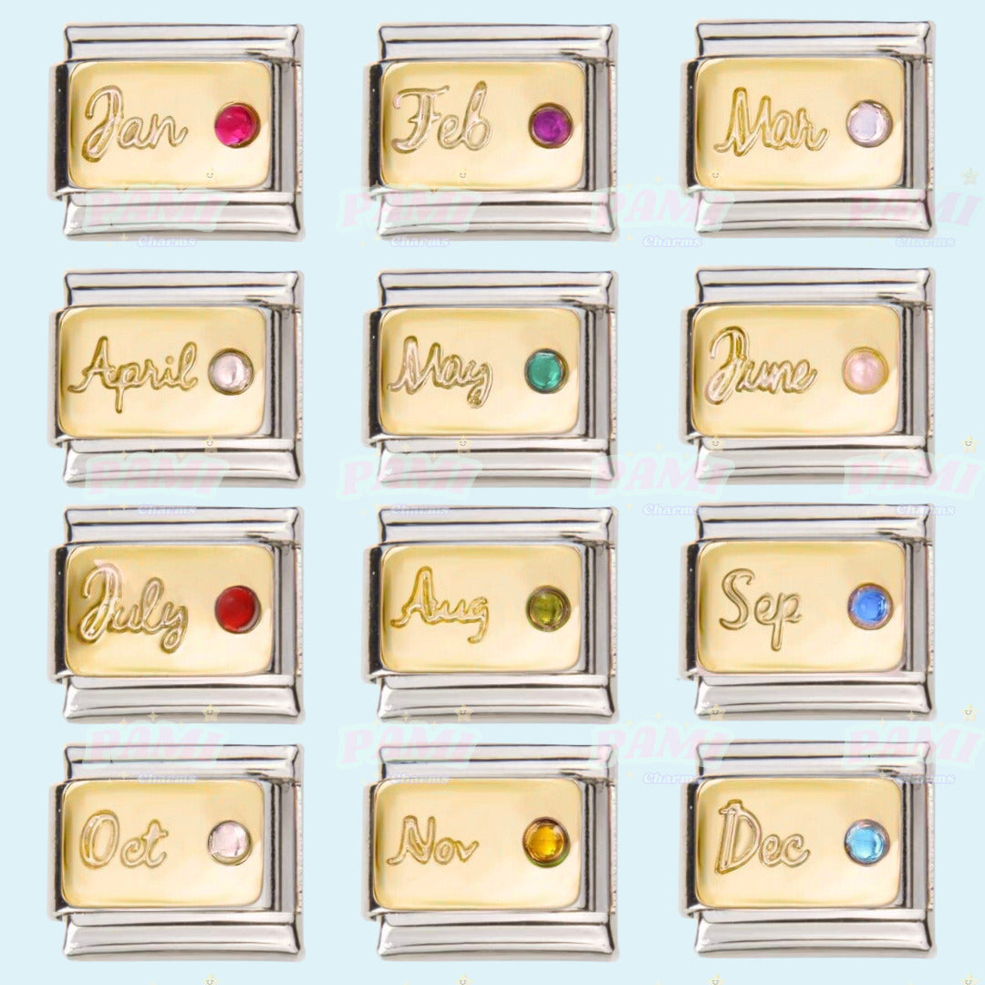 Gold birthstone Italian charms by Pami Charms featuring all twelve months with coloured gemstones