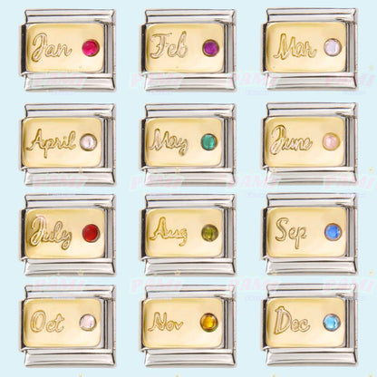 Gold birthstone Italian charms by Pami Charms featuring all twelve months with coloured gemstones