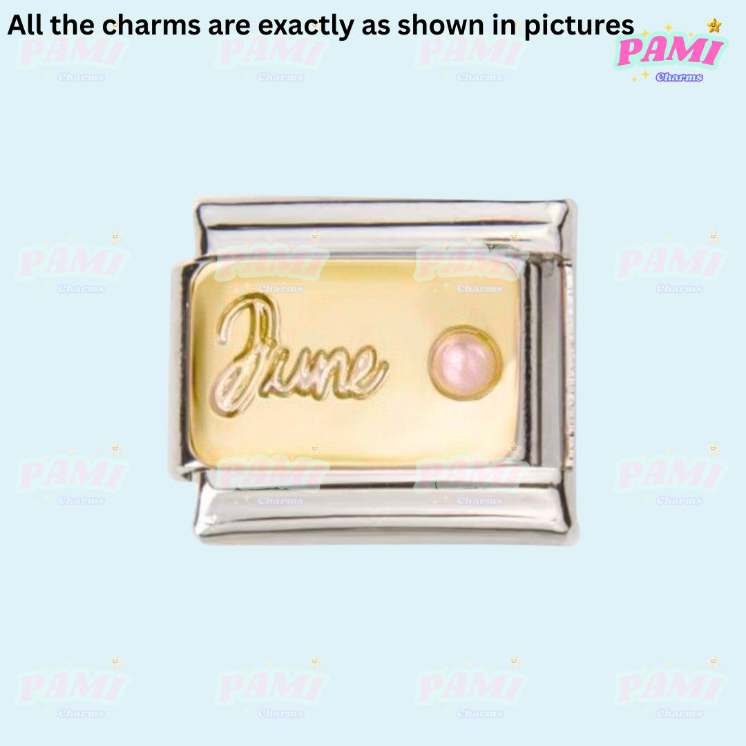 Gold birthstone Italian charms for June with pink pearl and silver frame by Pami Charms