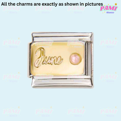 Gold birthstone Italian charms for June with pink pearl and silver frame by Pami Charms