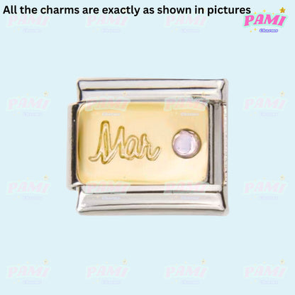 Gold birthstone Italian charms for March with pink crystal and silver border by Pami Charms