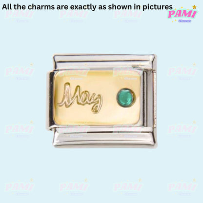 Gold birthstone Italian charms for May with green gemstone and silver border from Pami Charms