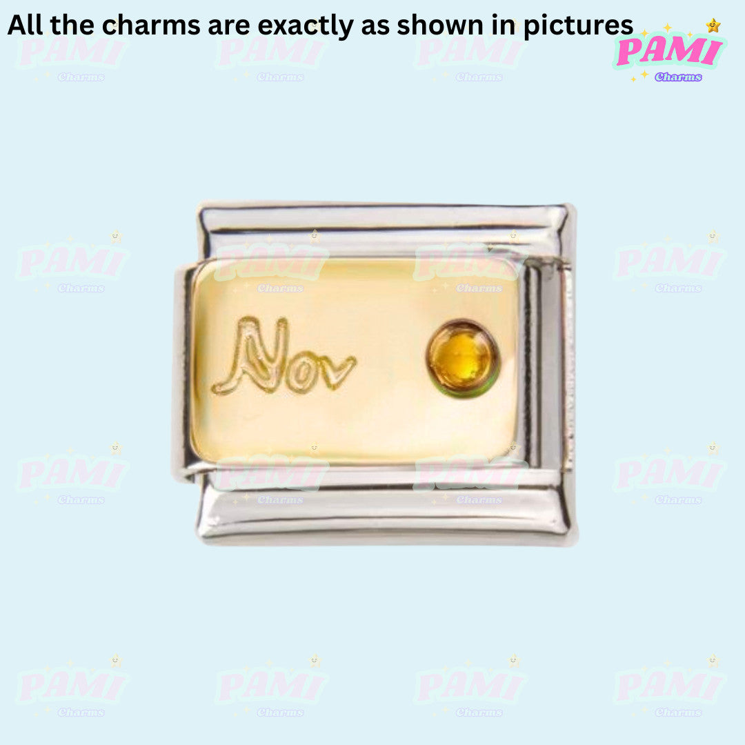 Gold birthstone Italian charms November rectangular charm with yellow gemstone detail