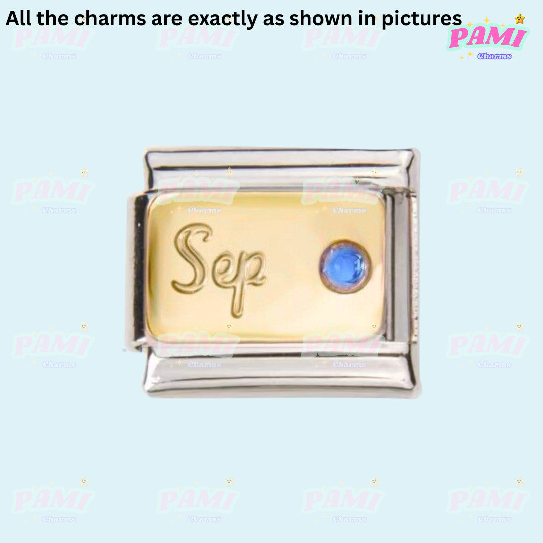 Gold birthstone Italian charms gold September charm with blue stone and silver frame