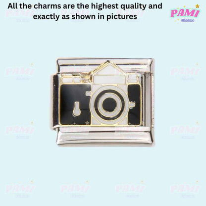 Pami Charms hobbies italian charms vintage camera enamel charm with silver and gold details