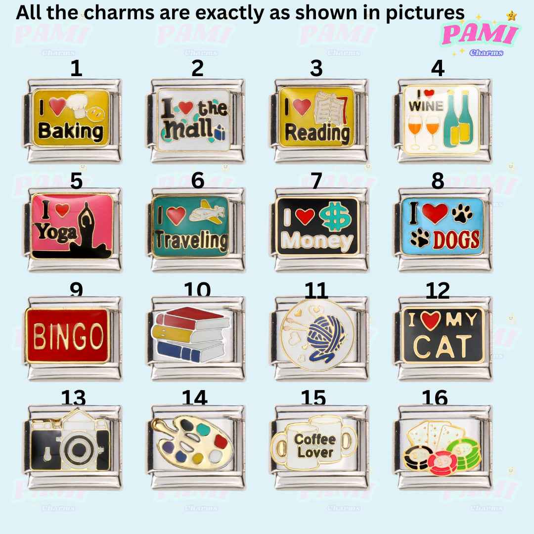 Pami Charms hobbies italian charms set featuring baking reading yoga traveling dog cat coffee and more