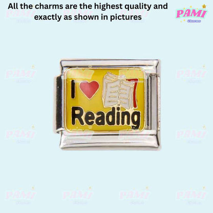 Pami Charms I love Reading silver charm with yellow background hobbies italian charms