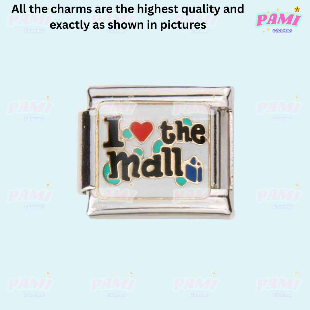 Pami Charms silver Italian charm with I love the mall design hobbies italian charms