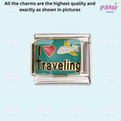 Pami Charms metal charm with I love Traveling design for hobbies italian charms collection