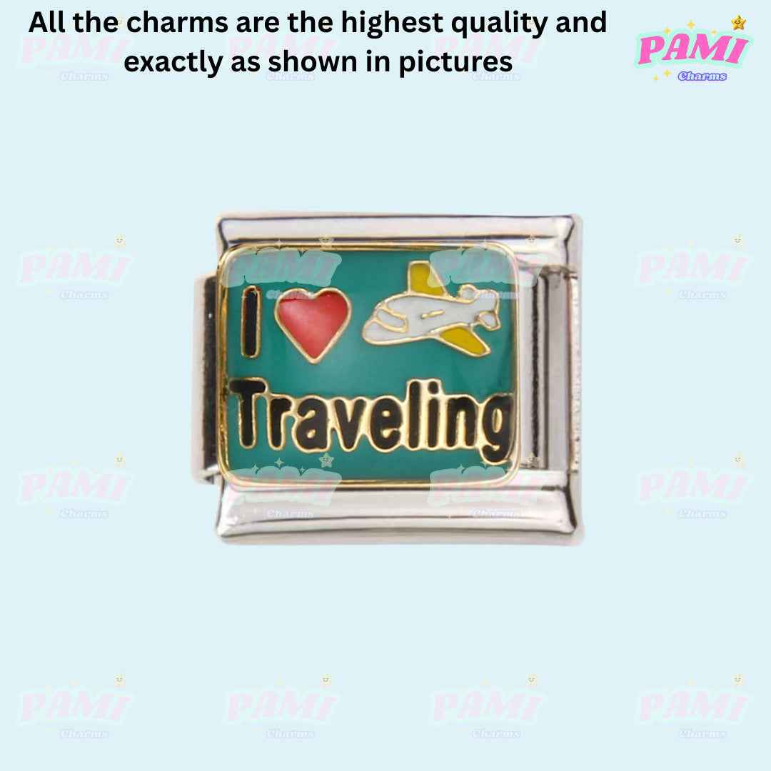 Pami Charms I Love Traveling Italian charm with airplane design for hobbies italian charms collection
