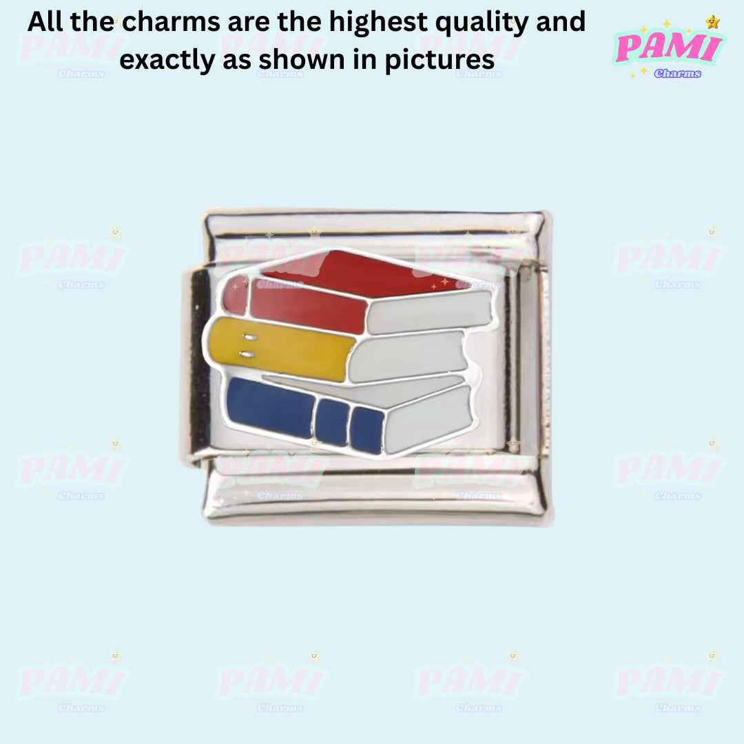 Pami Charms Italian charm featuring stack of colorful books for hobbies italian charms collection
