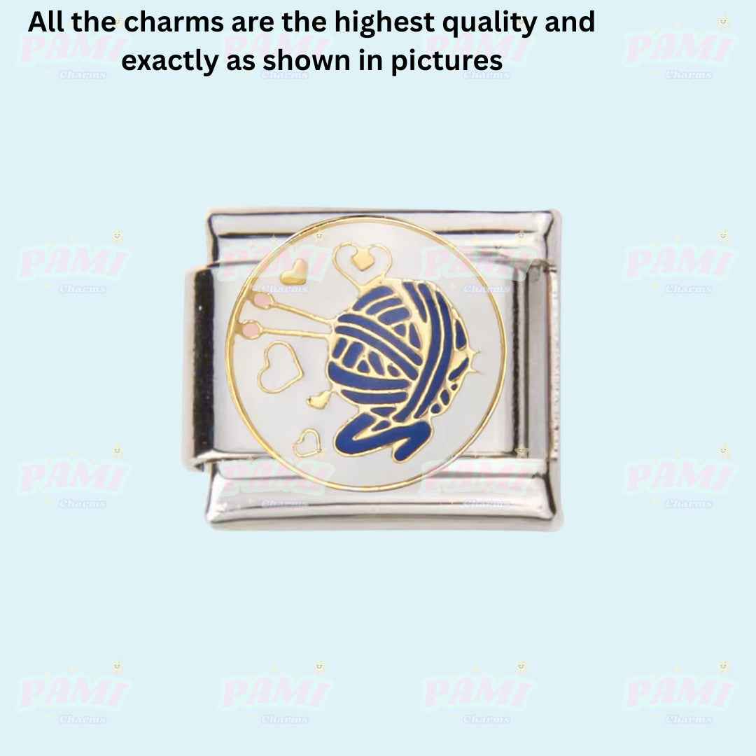 Pami Charms Italian charm featuring a blue yarn ball and knitting needles hobby design