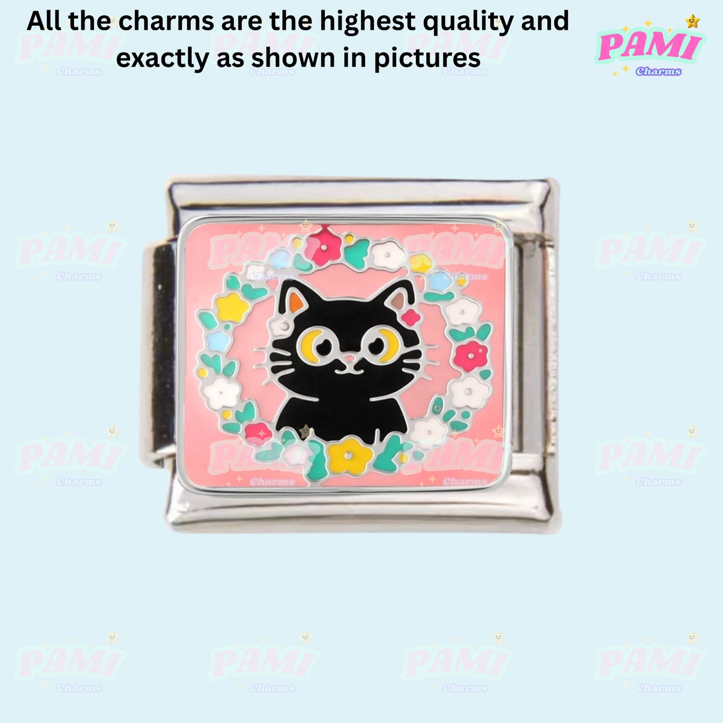 Pami Charms Italian Charm featuring a cute black cat design with floral accents