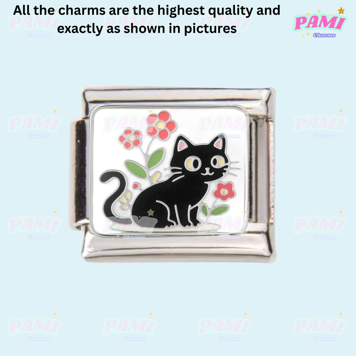 Pami Charms Italian Charm featuring a black cat design with flowers and quality craftsmanship