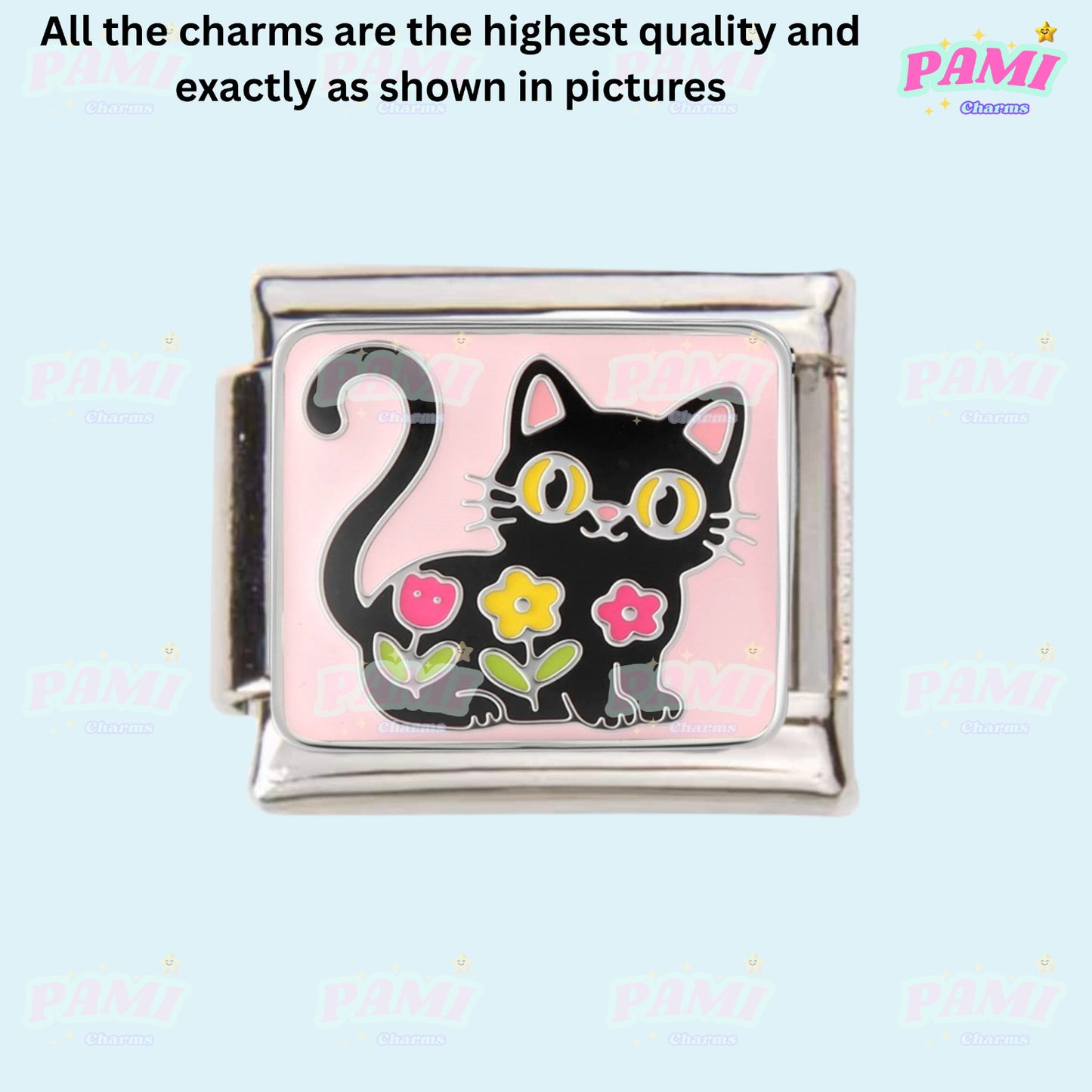 Pami Charms Italian Charm featuring a cute black cat with colourful flowers on a pink background