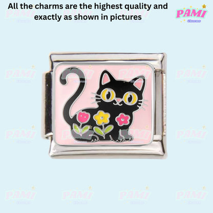 Pami Charms Italian Charm featuring a cute black cat with colourful flowers on a pink background