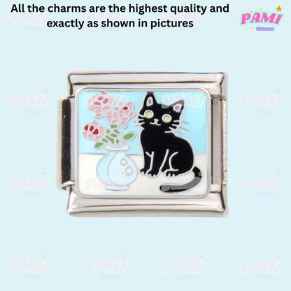 Pami Charms Italian Charm featuring a cute black cat with a flower vase design