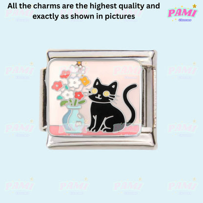 Pami Italian Charm featuring a playful black cat sitting beside a vase of flowers