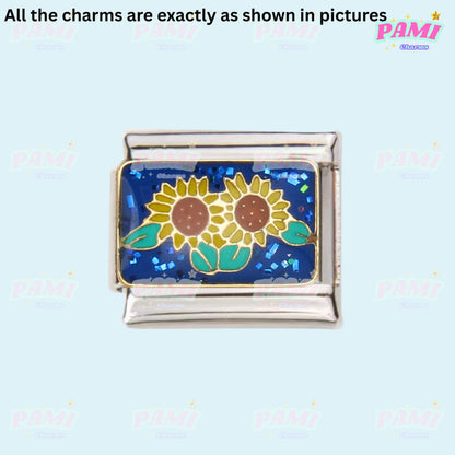 Pami Charms Italian charm featuring vibrant sunflower design on a blue background