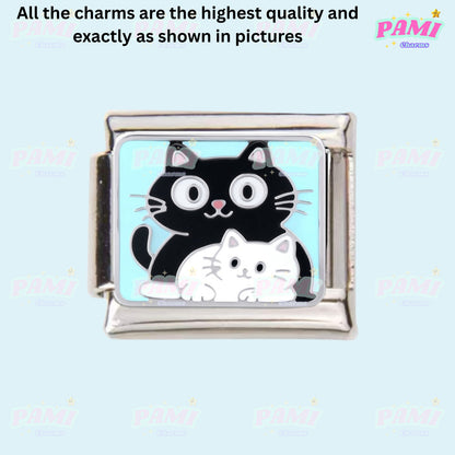 Pami Charms Italian Charm featuring two cute cartoon cats with a silver frame