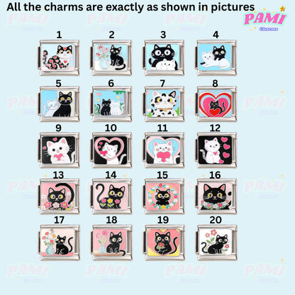 Assorted Pami Charms featuring cute cats and hearts, perfect for creating Italian Charm bracelets