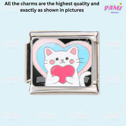Pami Charms Italian Charm featuring a cute cat holding a pink heart design on a colourful background