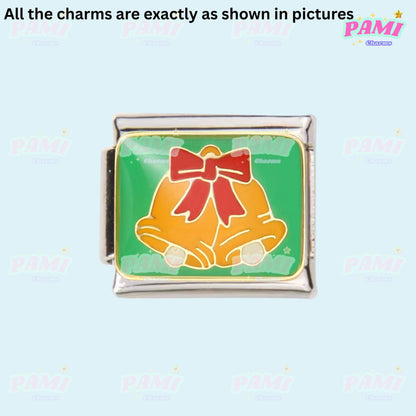 Pami Italian charm featuring festive bells with a red bow, perfect for charm bracelets
