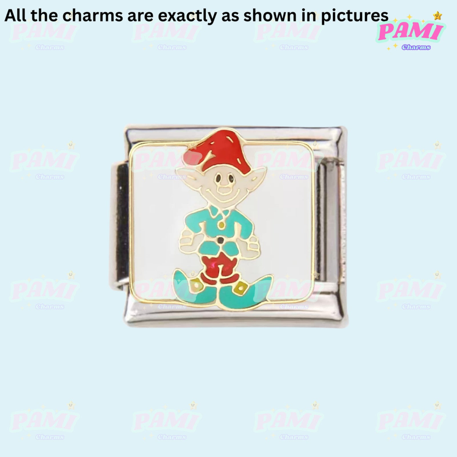 Pami Italian charm featuring a cheerful elf design, ideal for holiday-themed charm bracelets