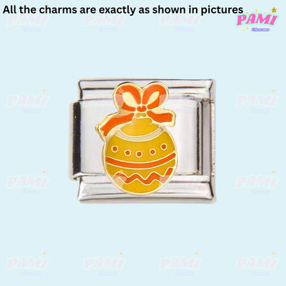 Pami Charms Italian charm featuring a yellow and orange Easter egg design with a red bow