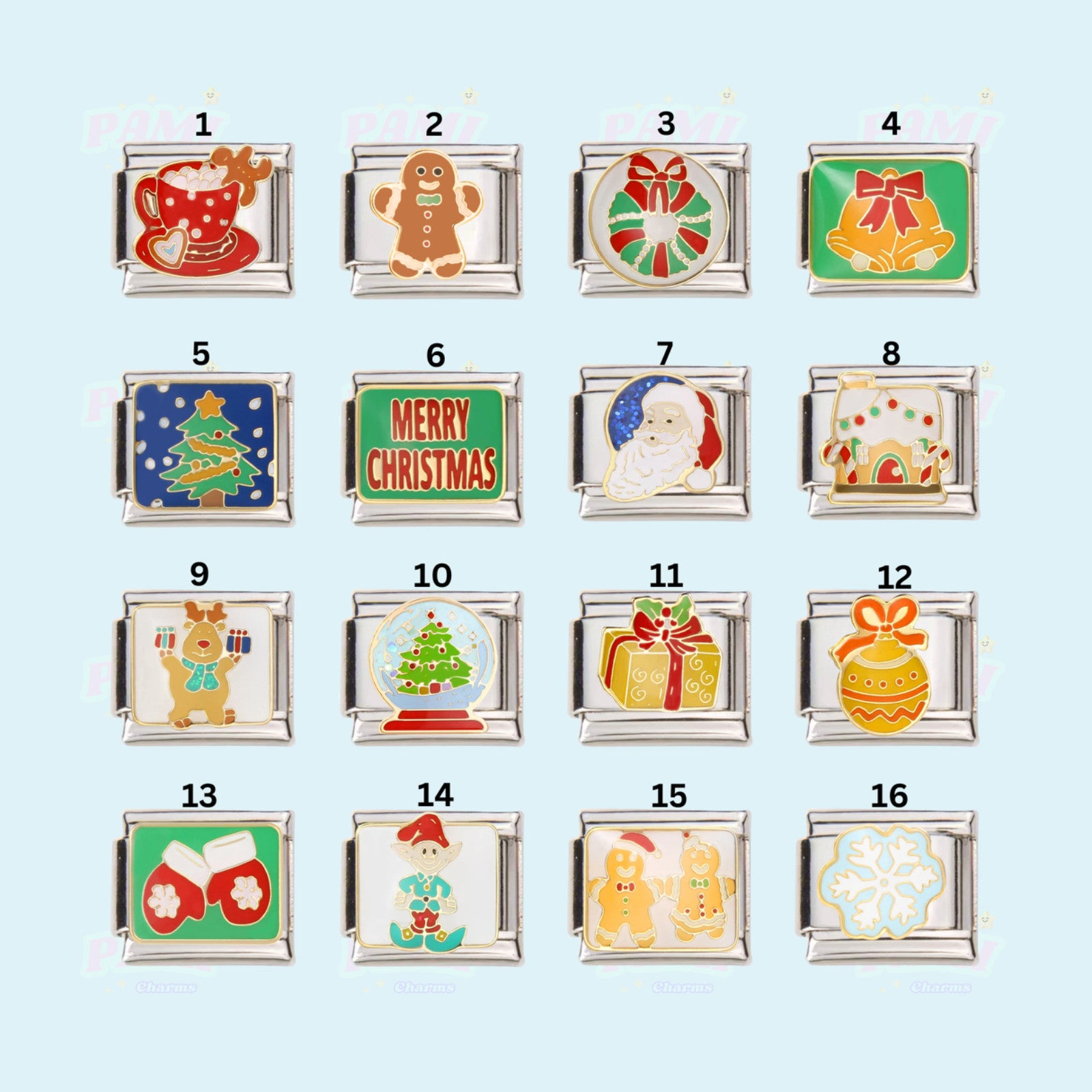 Collection of Pami Charms featuring festive designs including an Italian charm with Christmas themes