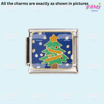 Pami Charms Italian charm featuring a colourful Christmas tree design on a blue background