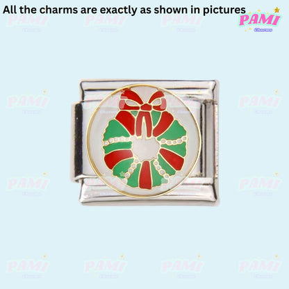 Pami Charms Italian charm featuring a festive wreath design with red bow and green accents