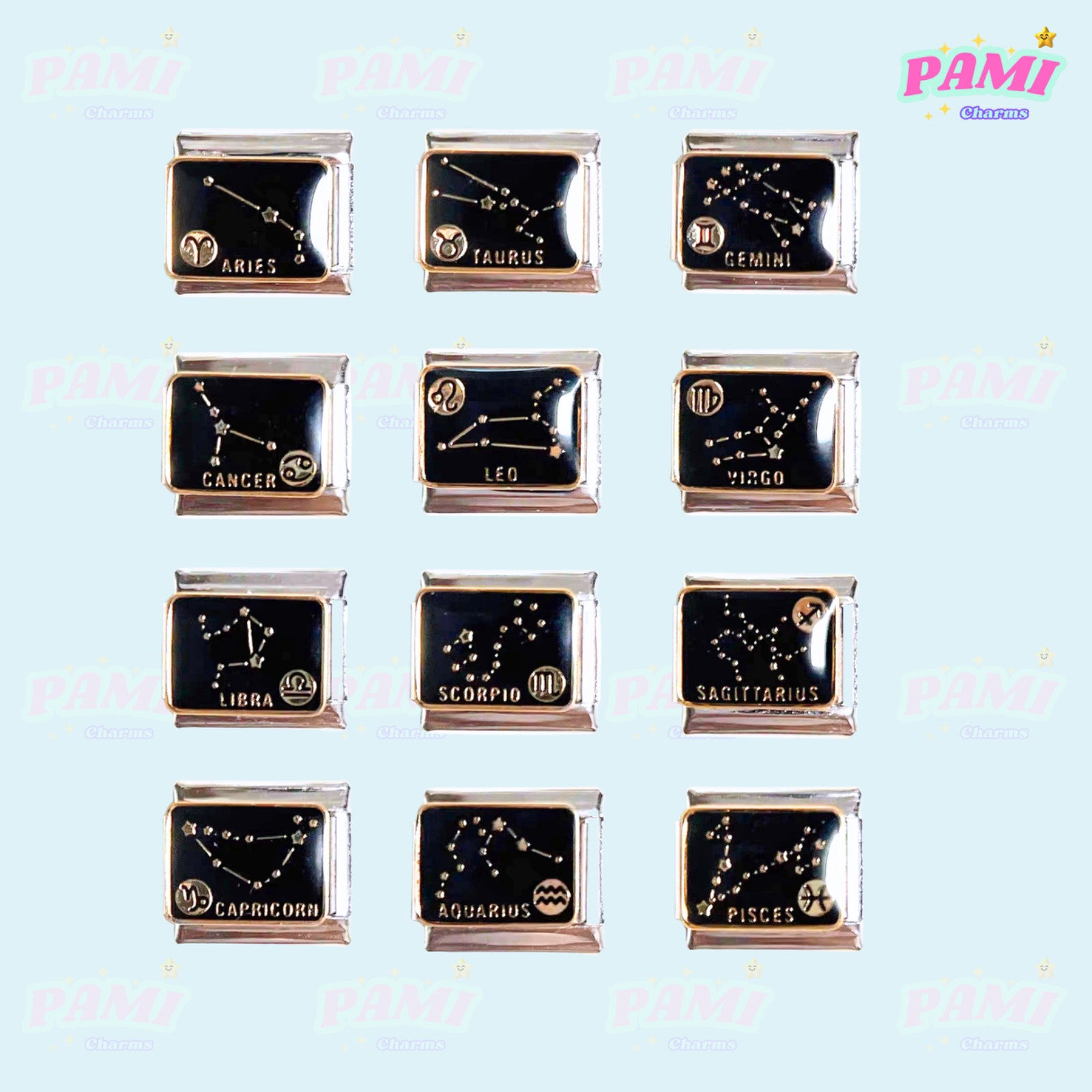 Twelve Pami Charms Italian charm designs featuring zodiac signs and constellations in an elegant layout