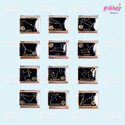 Twelve Pami Charms Italian charm designs featuring zodiac signs and constellations in an elegant layout