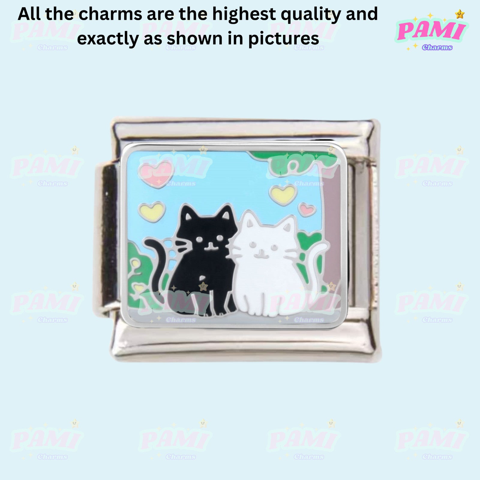 Pami Charms Italian Charm featuring two cute cats with a blue background and colourful hearts