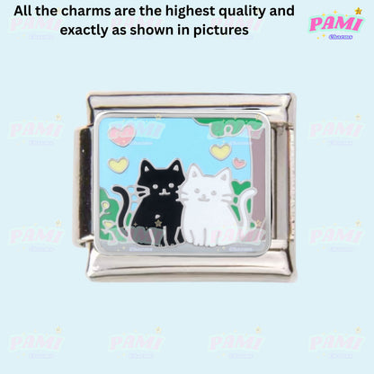 Pami Charms Italian Charm featuring two cute cats with a blue background and colourful hearts