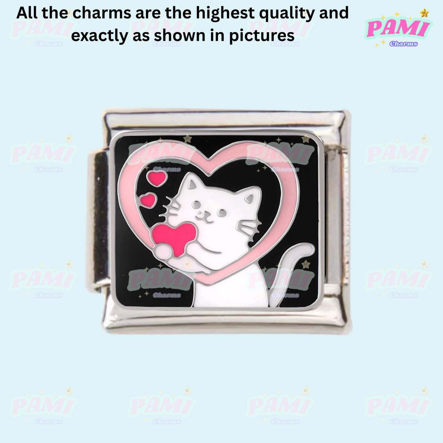 Pami Charms Italian Charm featuring a cute cat holding a heart in a pink heart frame