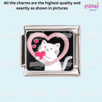 Pami Charms Italian Charm featuring a cute cat holding a heart in a pink heart frame