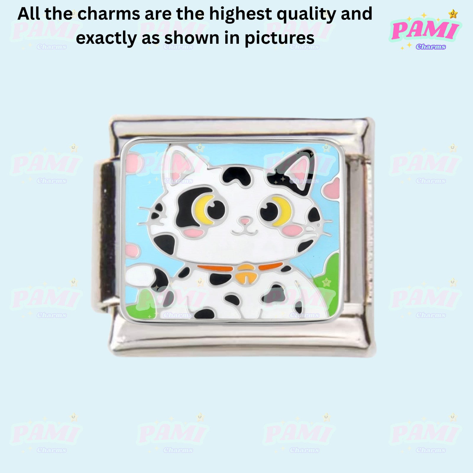 Pami Charms Italian Charm featuring a cute black and white cat with a bell on a colourful background