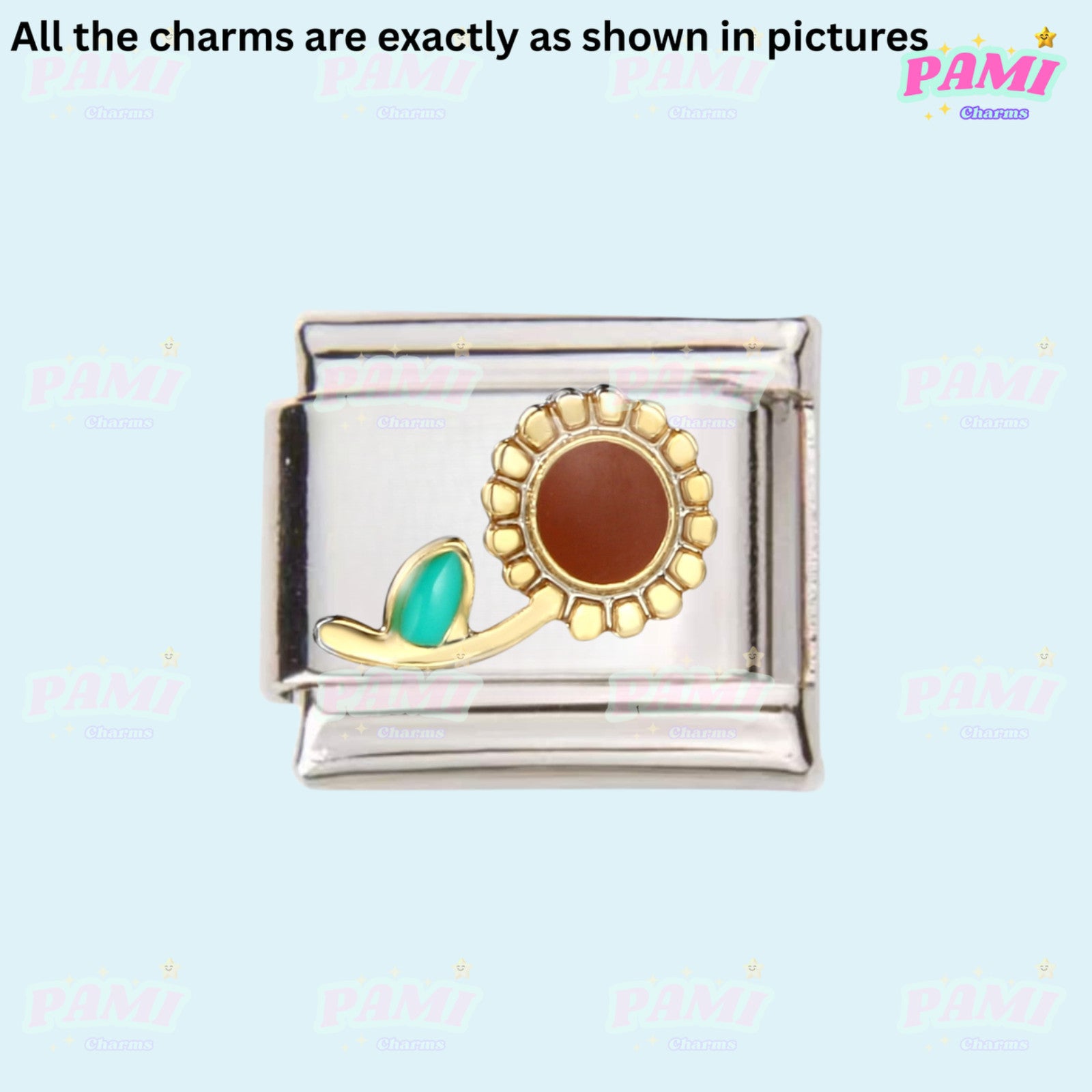 Pami Charms Italian charm featuring a sunflower design with vibrant colours and a shiny silver base